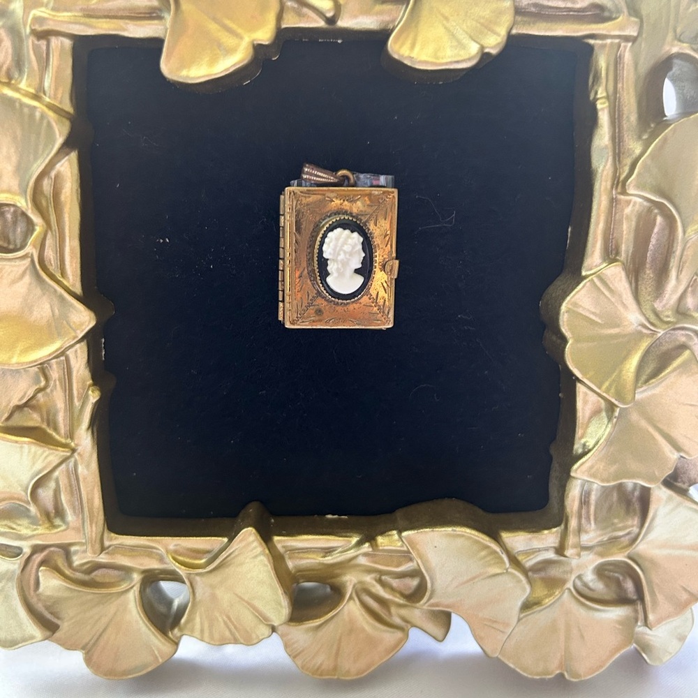 Vintage 1940s Gold Tone Book Locket: Cameo Dog Tooth Bezel, Six Photo Keepsake